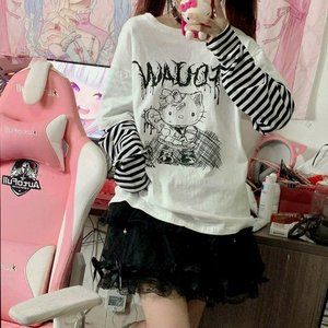 Sanrio Women's Hello Kitty Long Sleeved T-shirt Black Striped Arms